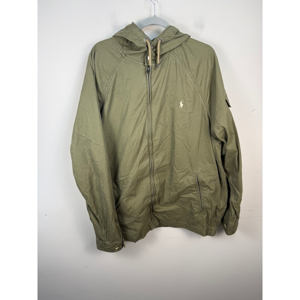 Polo Ralph Lauren Mens XLT Olive Green Hooded Windbreaker Jacket Cotton Blend